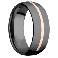 8mm wide Domed Black Titanium Ring with Polish Finish / One 1mm Centered 14k Rose Gold Inlay with Polish Finish