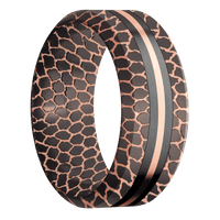 9mm wide High Bevel Darkened Superconductor Ring with Satin Etched Superconductor Finish / One 3mm Centered Black Titanium Inlay with Bead Blast Finish / One 1mm Centered 18k Rose Gold Inlay with Bead Blast Finish