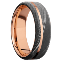 7mm wide Beveled Damascus Steel Ring with Acid Damascus Finish / One 1mm Off Center 14k Rose Gold Inlay with Satin Finish / 14k Rose Gold Sleeve