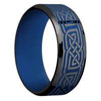 8mm wide Beveled Black Zirconium Ring with Polish Finish / Celtic 17 Design and Royal Blue Cerakote Accents / Royal Blue Cerakote Sleeve