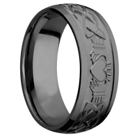 8mm wide Domed Black Zirconium Ring with Polish Finish / Claddagh Celtic Design