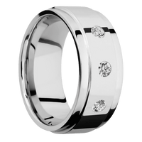 9mm wide Flat Wide Grooved Edges 14k White Gold Ring with Polish Finish / 3 Round .1 carat Standard Diamond Flush-Set Gemstones