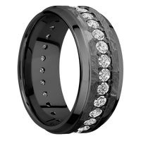 9mm wide Stepped Bevel Black Titanium Ring with Rock Finish / Eternity Round .05 carat Standard Lab Grown Diamond Bead-Set Gemstones