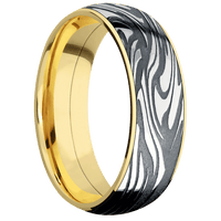 7mm wide Domed 14k Yellow Gold Ring with Polish Finish / One 6mm Centered Scale Damascus Steel Inlay with Tumble Kuro Damascus Finish