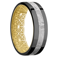 7mm wide Flat Black Titanium Ring with Polish Finish / One 3mm Centered Meteorite Inlay / 18k Yellow Gold Sleeve / None Interior Pattern