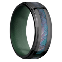 8mm wide Flat Grooved Edges Black Titanium Ring with Polish Finish / One 3mm Centered Black Mother of Pearl Inlay / Eastern Green Cerakote Sleeve