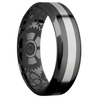 7mm wide High Bevel Black Titanium Ring with Bead Blast Finish / One 2mm Centered Palladium Silver Inlay with Satin Finish / Gears Interior Pattern