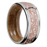 9mm wide Domed Rounded Edges Titanium Ring with Polish Finish / Western Scroll Design and Rose Gold Cerakote Accents / Whiskey Barrel Sleeve