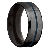 8mm wide Beveled Black Titanium Ring with Hammer Finish / One 1mm Centered Navy Blue Cerakote Inlay / Madagascar Rose Wood Sleeve