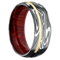 8mm wide Domed Kinetic Damascus Steel Ring with Tumble Kuro Damascus Finish / One 1mm Off Center 14k Yellow Gold Inlay with Polish Finish / Blood Wood Sleeve