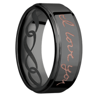 8mm wide Flat Grooved Edges Black Zirconium Ring with Polish Finish / Hand Writing Design and Rose Gold Cerakote Accents / None Interior Pattern