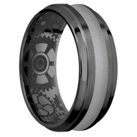 8mm wide Stepped Bevel Black Titanium Ring with Satin Finish / One 3mm Centered Crushed Silver Cerakote Inlay / None Interior Pattern