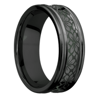 8mm wide Concave Center Round Edges Black Zirconium Ring with Polish Finish / Floral 1 Large Design and Highland Green Cerakote Accents