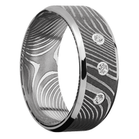 8mm wide Beveled Flattwist Damascus Steel Ring with Acid Damascus Finish / Two 1mm Edge Palladium Silver Inlay with Polish Finish / 3 Round .03 carat Standard Lab Grown Diamond Bezel-Set Gemstones