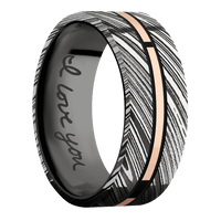 8mm wide Flat Kuro Damascus Steel Ring with Tumble Kuro Damascus Finish / One 1mm Centered 14k Rose Gold Inlay with Polish Finish and Black Cerakote Accents / Black Titanium Sleeve / Hand Writing Interior Pattern