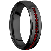 6mm wide Domed Bevel Black Titanium Ring with Bead Blast Finish / Half Eternity Round .015 carat Dark Ruby Bead-Set Gemstones