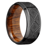 9mm wide Stepped Bevel Black Titanium Ring with Polish Finish / Labyrinth Design / Desert Iron Wood Sleeve