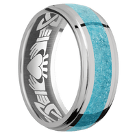 8mm wide Domed Stepped Down Edges Titanium Ring with Polish Finish / One 4mm Centered Turquoise Inlay / Claddagh Celtic Interior Pattern