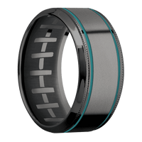 10mm wide High Bevel Milgrain Black Titanium Ring with Polish Finish / One 6mm Centered Darkened Tantalum Inlay with Bead Blast Finish and Teal Cerakote Accents / One 4mm Centered Platinum Inlay with Polish Finish / Football Interior Pattern