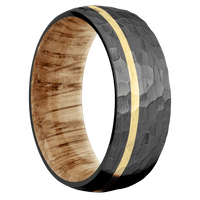 8mm wide Domed Black Titanium Ring with Hammer Finish / One 1mm Off Center 14k Yellow Gold Inlay with Hammer Finish / Natural Oak Sleeve