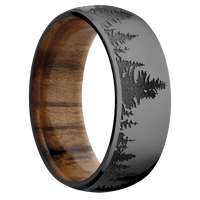 8mm wide Domed Black Titanium Ring with Polish Finish / Trees Design and Dark Grey Cerakote Accents / Teak Sleeve