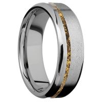 7mm wide Beveled Titanium Ring with Stone Finish / One 1mm Off Center 24k Raw Gold Nugget Inlay