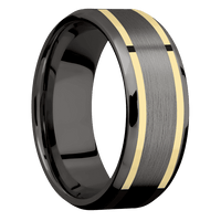 8mm wide Beveled Darkened Tantalum Ring with Satin Finish / Two 1mm Wide 14k Yellow Gold Inlay with Bead Blast Finish