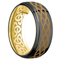 8mm wide Domed Stepped Down Edges Black Titanium Ring with Polish Finish / Celtic 6 Design and Gold Cerakote Accents / 14k Yellow Gold Sleeve / None Interior Pattern