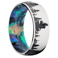 8mm wide Domed 14k White Gold Ring with Polish Finish / Trees Design and Dark Grey Cerakote Accents / Abalone Sleeve