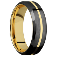 7mm wide High Bevel Black Titanium Ring with Satin Finish / One 1mm Centered 14k Yellow Gold Inlay with Polish Finish / 10k Yellow Gold Sleeve