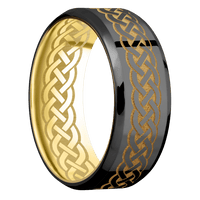 8mm wide Beveled Black Zirconium Ring with Polish Finish / Celtic 9 Design and Gold Cerakote Accents / 10k Yellow Gold Sleeve / Celtic 9 Interior Pattern