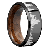 8mm wide Beveled Black Zirconium Ring with Polish Finish / Trees Design and Snow White Cerakote Accents / Koa Sleeve