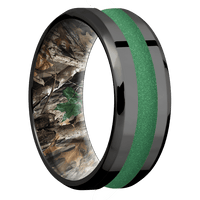 8mm wide Beveled Black Titanium Ring with Polish Finish / One 3mm Centered Squatch Cerakote Inlay / RealTree Timber Camo Sleeve