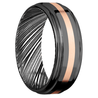 8mm wide Flat Rounded Edges Black Titanium Ring with Polish Finish / One 2mm Centered 14k Rose Gold Inlay with Bead Blast Finish / Kuro Damascus Steel Sleeve