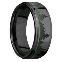 8mm wide Flat Grooved Edges Black Zirconium Ring with Polish Finish / Trees Design and Highland Green Cerakote Accents