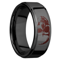 8mm wide Flat Grooved Edges Black Titanium Ring with Polish Finish / Skull Design and Crimson Cerakote Accents