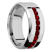 9mm wide High Bevel Platinum Ring with Polish Finish / Half Eternity Round .07 carat Dark Ruby Channel-Set Gemstones