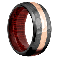 10mm wide Domed Bevel Black Titanium Ring with Hammer Finish / One 3mm Centered 14k Rose Gold Inlay with Hammer Finish / Blood Wood Sleeve