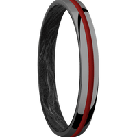 3mm wide Domed Black Zirconium Ring with Polish Finish / One 1mm Centered USMC Red Cerakote Inlay / Forged Carbon Fiber Sleeve
