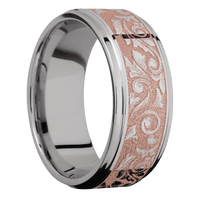 9mm wide Flat Grooved Edges Titanium Ring with Polish Finish / Western Scroll Design and Rose Gold Cerakote Accents