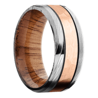 9mm wide Beveled Damascus Steel Ring with Polish Damascus Finish / One 4mm Centered 14k Rose Gold Inlay with Hammer Finish and Dark Grey Cerakote Accents / Koa Sleeve