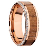 8mm wide High Bevel 14k Rose Gold Ring with Polish Finish / Bevel Eternity Round .01 carat Lab Grown Diamond Bead-Set Gemstones / One 4mm Centered Desert Iron Wood Inlay