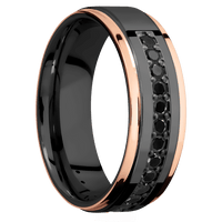 7mm wide Flat Grooved Edges Black Titanium Ring with Polish Finish / Two 1mm Edge 18k Rose Gold Inlay with Polish Finish / Half Eternity Round .03 carat Black Diamond Bead-Set Gemstones