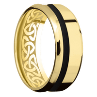 8mm wide Beveled 10k Yellow Gold Ring with Polish Finish / One 2mm Off Center Black Cerakote Inlay / None Interior Pattern