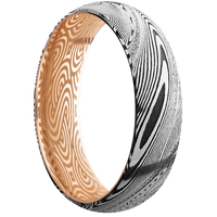 6mm wide Domed Tightweave Damascus Steel Ring with Tumble Kuro Damascus Finish / 14k Rose Gold Sleeve / None Interior Pattern