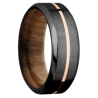 8mm wide High Bevel Black Titanium Ring with Distressed Finish / One 1mm Centered 14k Rose Gold Inlay with Polish Finish / Teak Sleeve