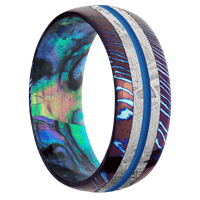 8mm wide Domed Kuro-Ti Ring with Polish Kuro-Ti Finish / One 4mm Centered Meteorite Inlay / One 1mm Centered Sea Blue Cerakote Inlay / Abalone Sleeve