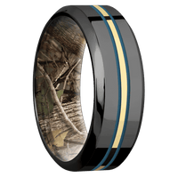 8mm wide High Bevel Black Titanium Ring with Polish Finish / One 1mm Centered 18k Yellow Gold Inlay with Polish Finish and Royal Blue Cerakote Accents / Kings Woodland Camo Sleeve