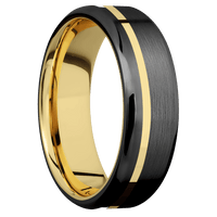 7mm wide Beveled Black Titanium Ring with Satin Finish / One 1mm Off Center 14k Yellow Gold Inlay with Polish Finish / 10k Yellow Gold Sleeve