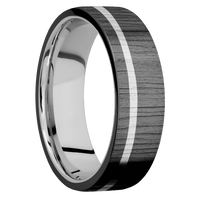 7mm wide Flat Black Zirconium Ring with Treebark 1 Finish / One 1mm Off Center 14k White Gold Inlay / 14k White Gold Sleeve